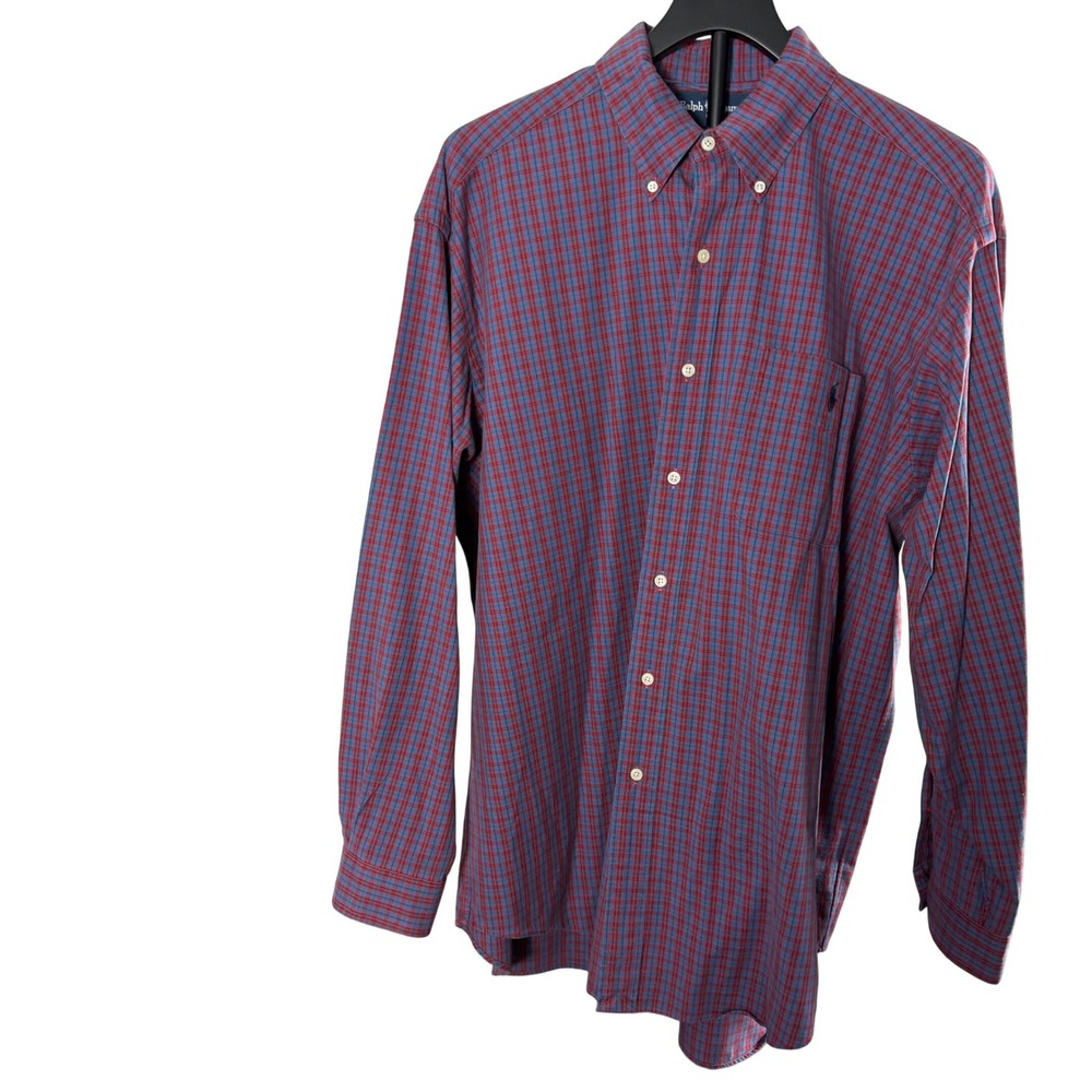 Ralph Lauren Big Shirt Mens Large Red Blue Plaid Cotton Button Down Long Sleeve